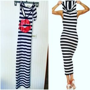Sexy, Striped Hooded Maxi Dress with Lip Print